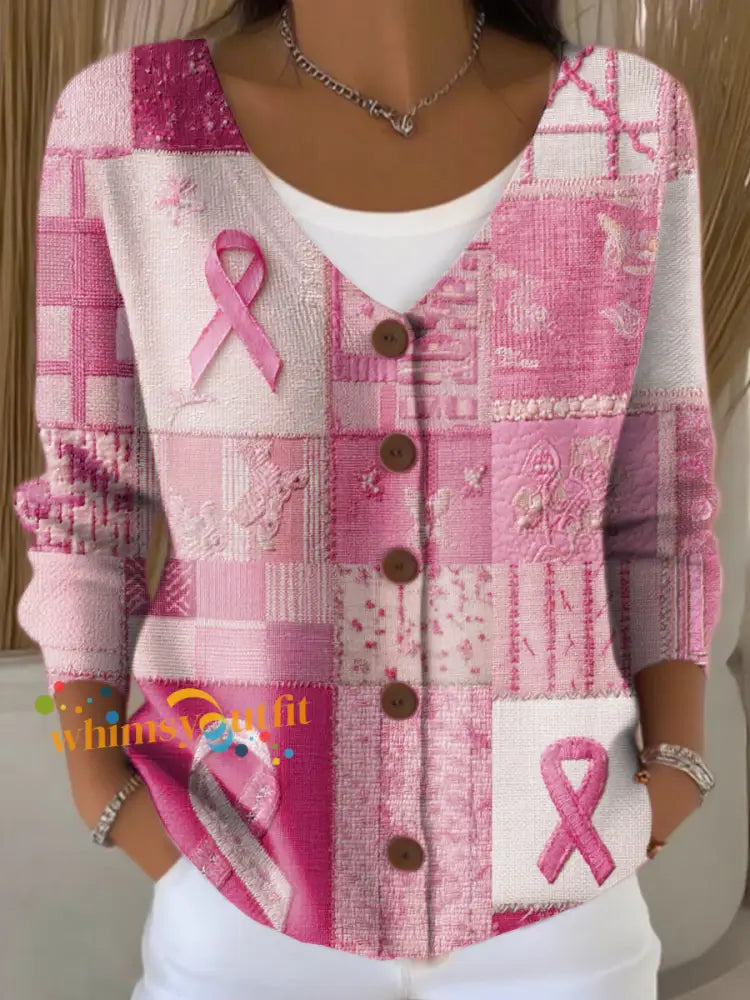 Women’s Breast Cancer Splice Print Button Cardigan Pink / S