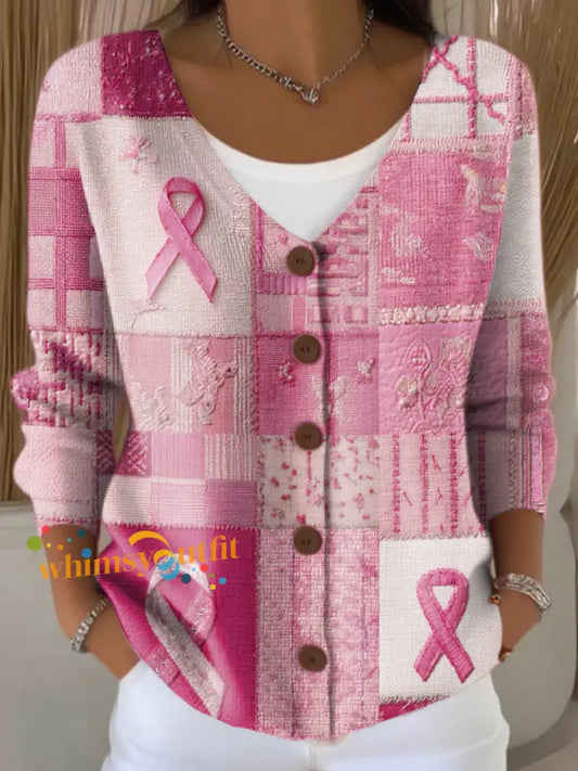 Women’s Breast Cancer Splice Print Button Cardigan Pink / S