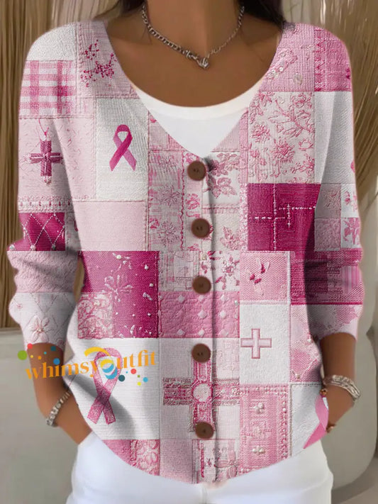 Women’s Breast Cancer Splice Print Button Cardigan Pink / S