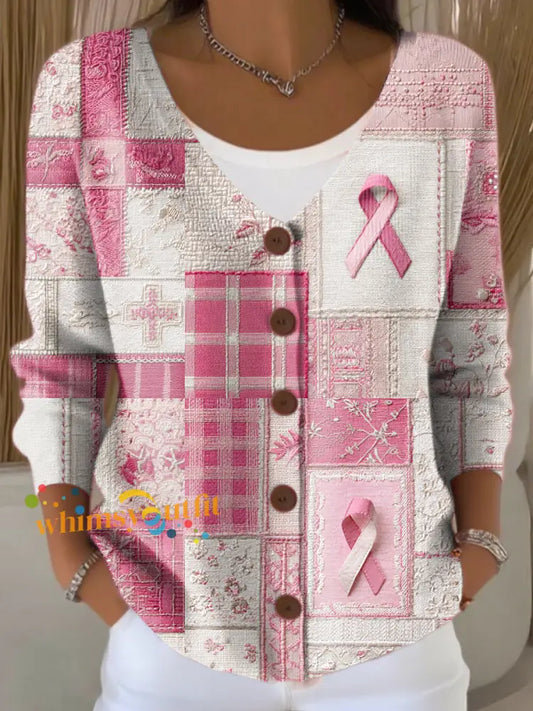 Women’s Breast Cancer Splice Print Button Cardigan Pink / S