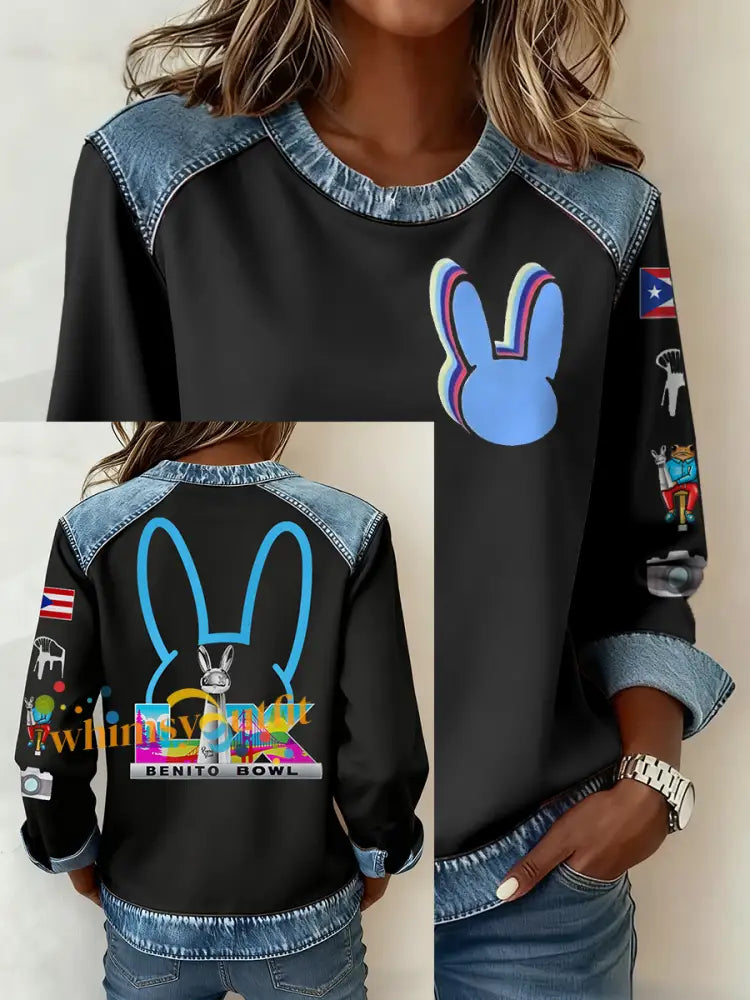 Women’s Bunny Football Music Lover Printed CasuaL Tops Black / S