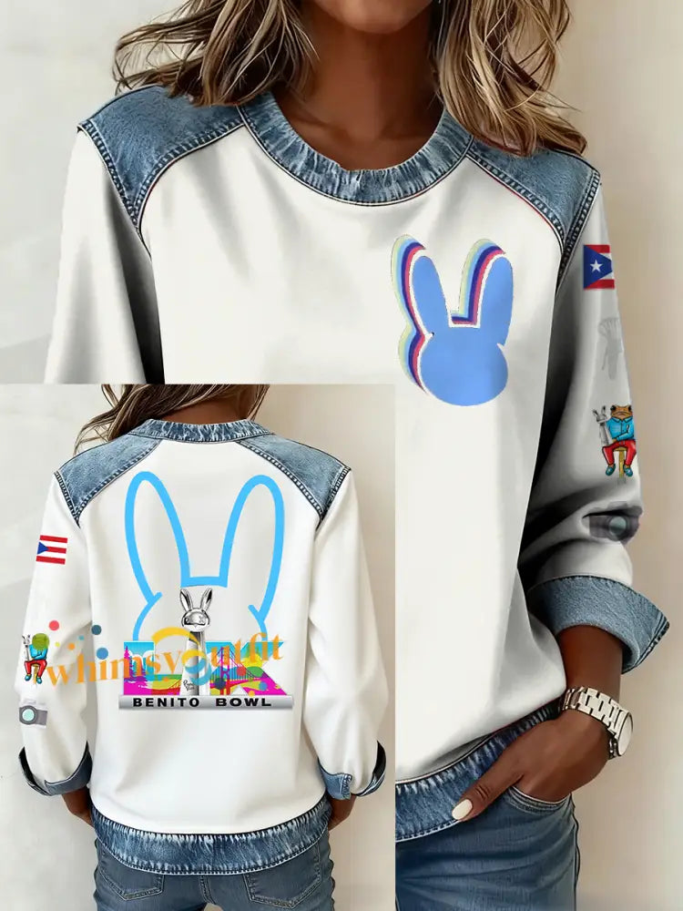 Women’s Bunny Football Music Lover Printed CasuaL Tops White / S