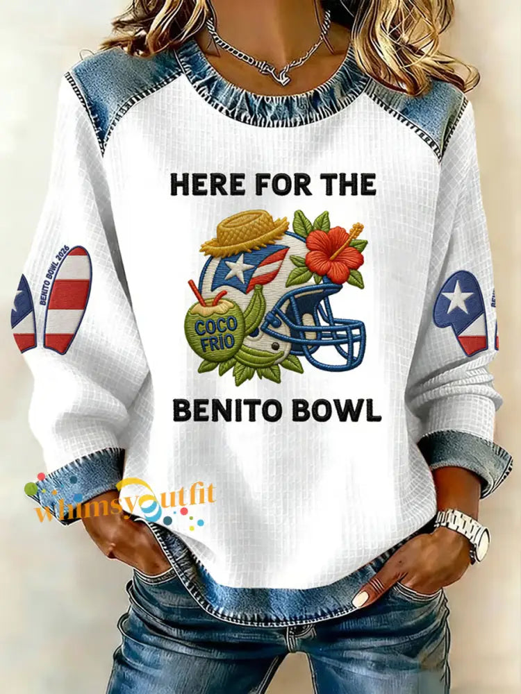 Women’s Bunny Football Music Lover Printed Denim Patchwork Top White / S