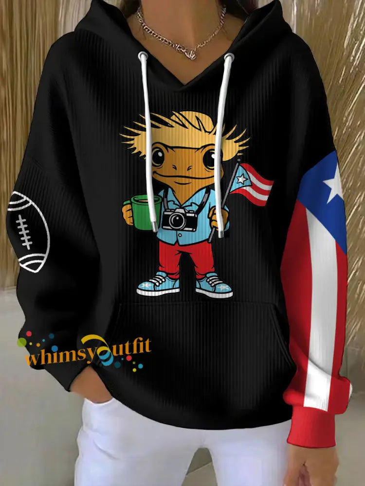 Women’s Bunny Football Music Lover Printed Hoodie Black / S