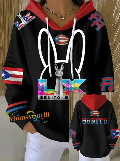 Women’s Bunny Football Music Lover Printed Hoodie Black / S