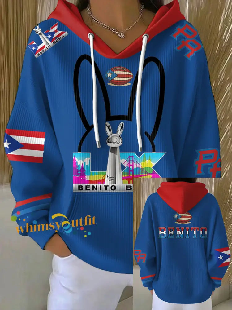 Women’s Bunny Football Music Lover Printed Hoodie Blue / S