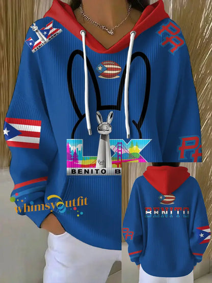 Women’s Bunny Football Music Lover Printed Hoodie Blue / S