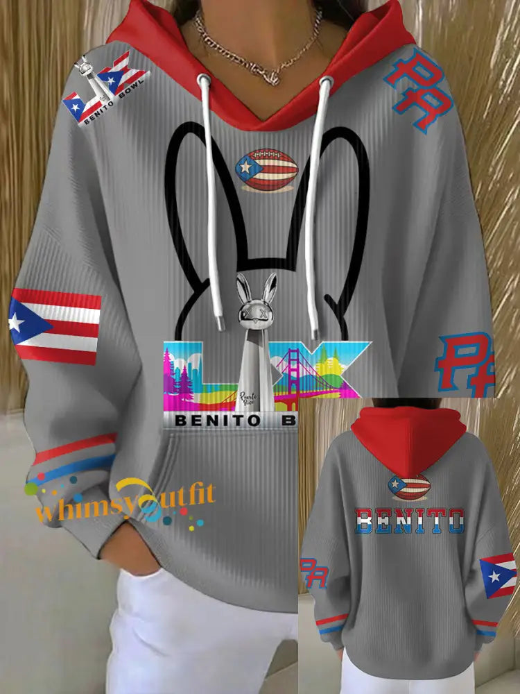 Women’s Bunny Football Music Lover Printed Hoodie Light Gray / S