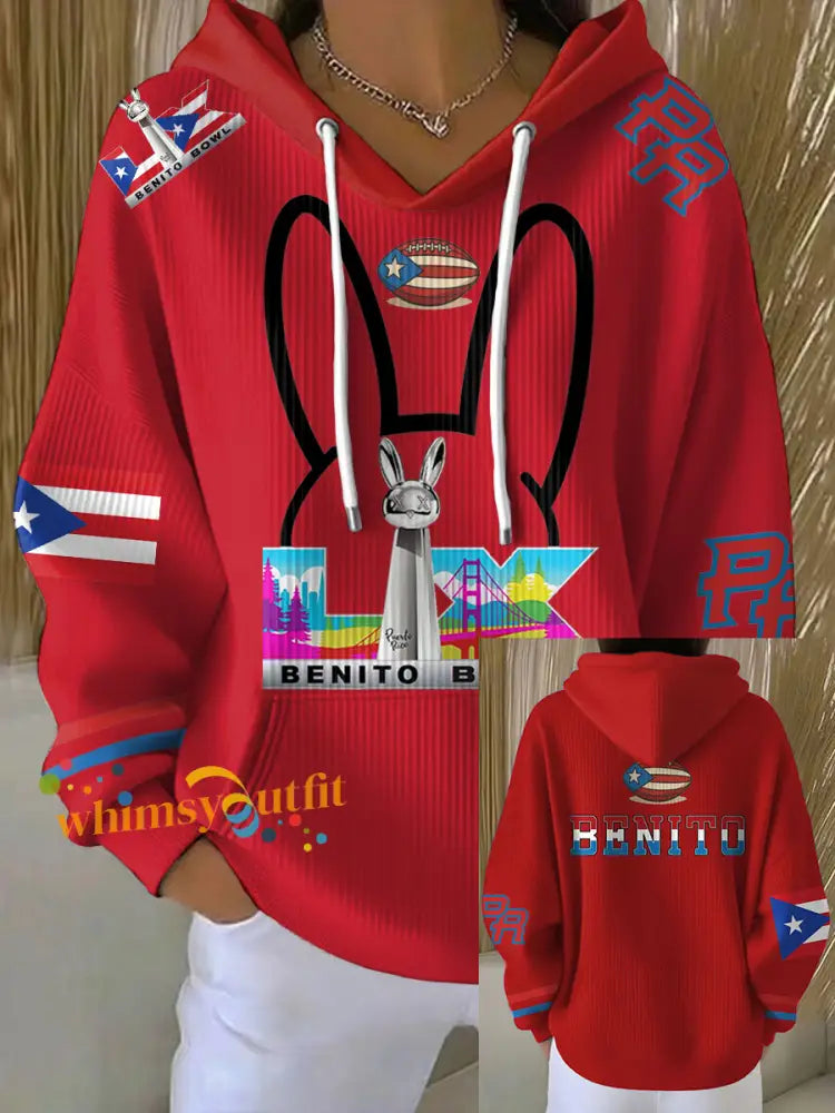 Women’s Bunny Football Music Lover Printed Hoodie Red / S