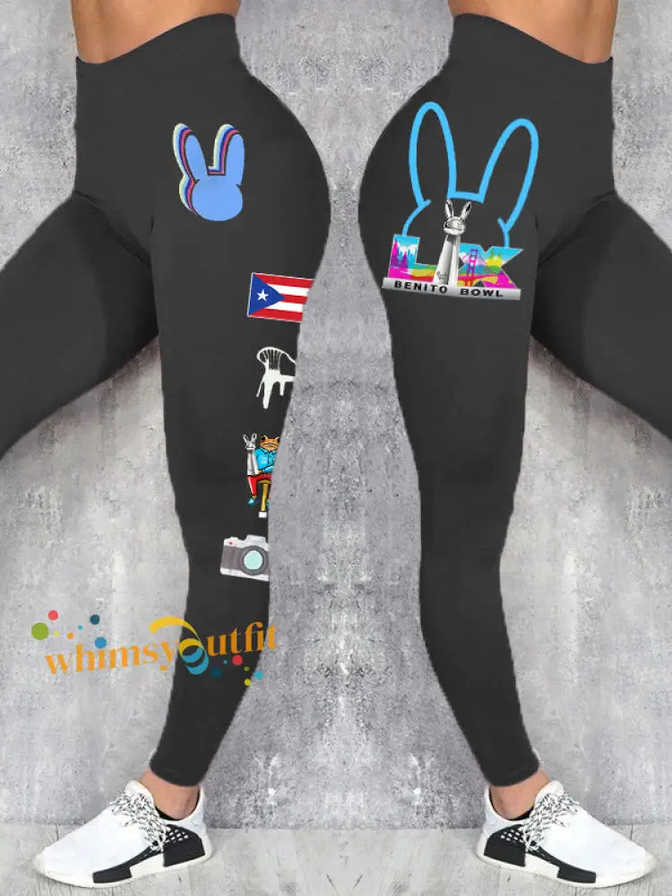 Women’s Bunny Football Music Lover Printed Leggings Black / S