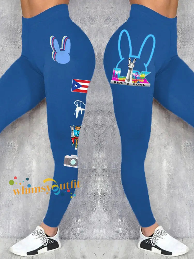 Women’s Bunny Football Music Lover Printed Leggings Blue / S