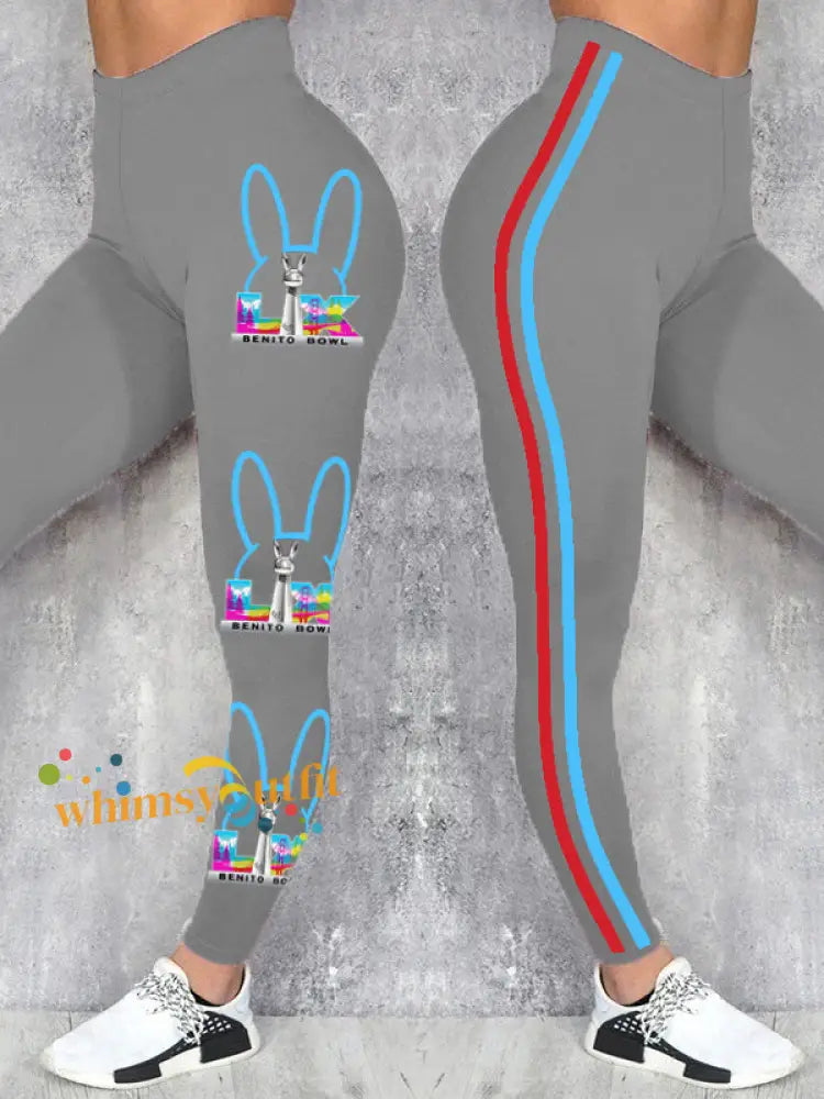 Women’s Bunny Football Music Lover Printed Leggings Light Gray / S