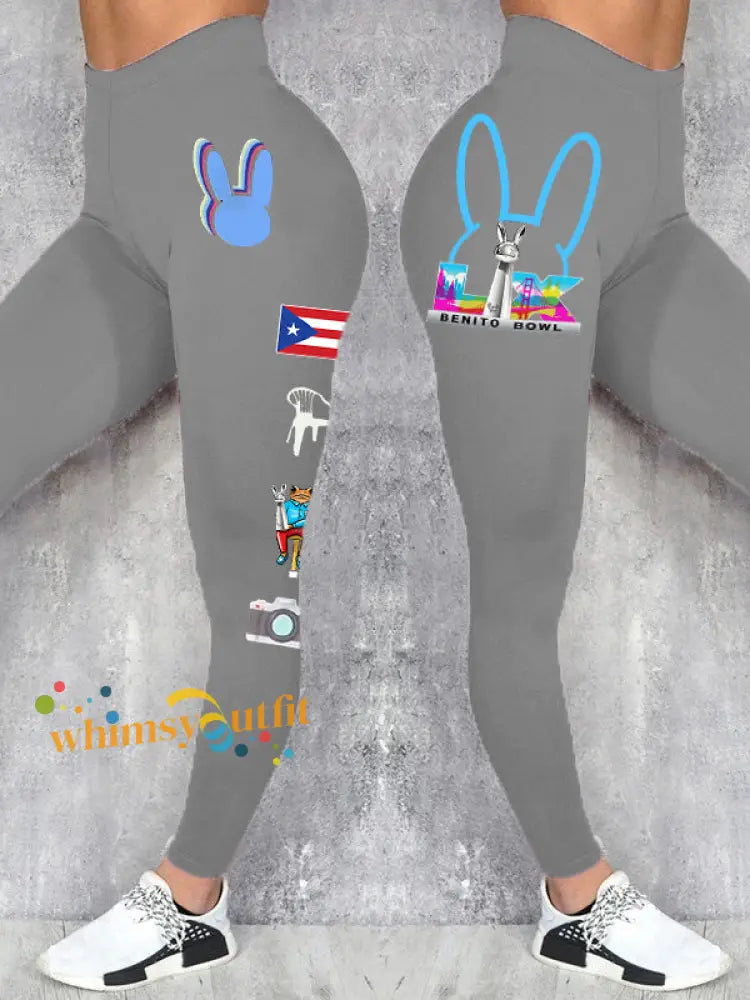 Women’s Bunny Football Music Lover Printed Leggings Light Gray / S