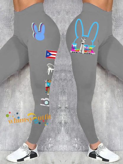Women’s Bunny Football Music Lover Printed Leggings Light Gray / S