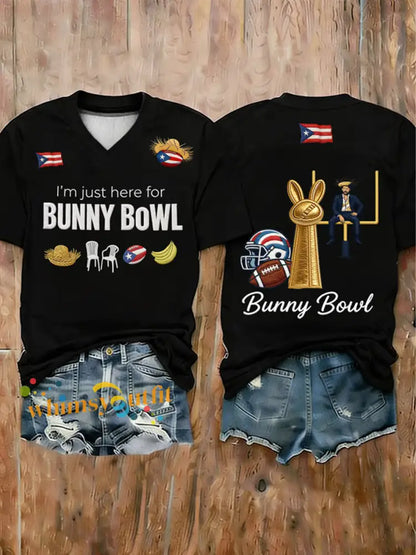 Women’s Bunny Football Music Lover Printed short-sleeved T-shirt Black / S