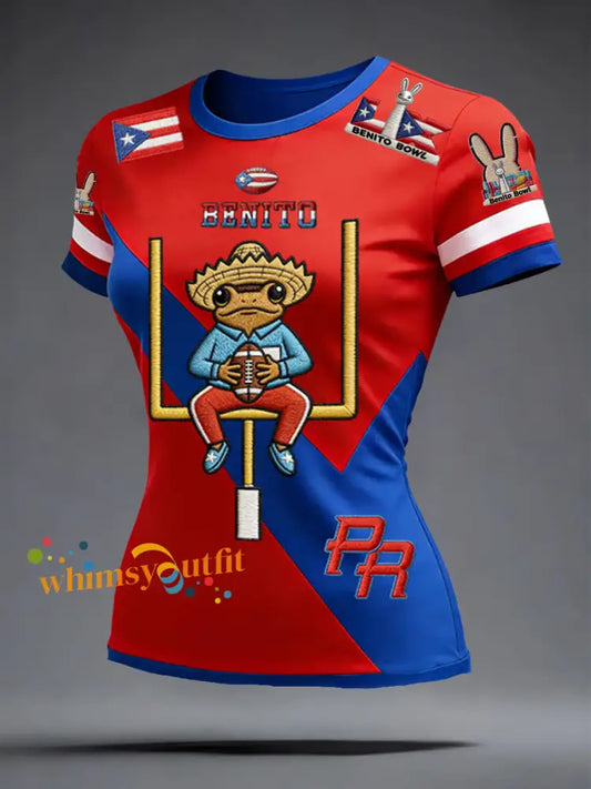 Women’s Bunny Football Music Lover Printed short-sleeved T-shirt Blue-Red / S