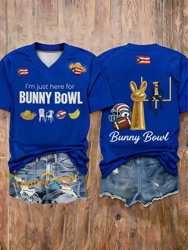 Women’s Bunny Football Music Lover Printed short-sleeved T-shirt Blue / S