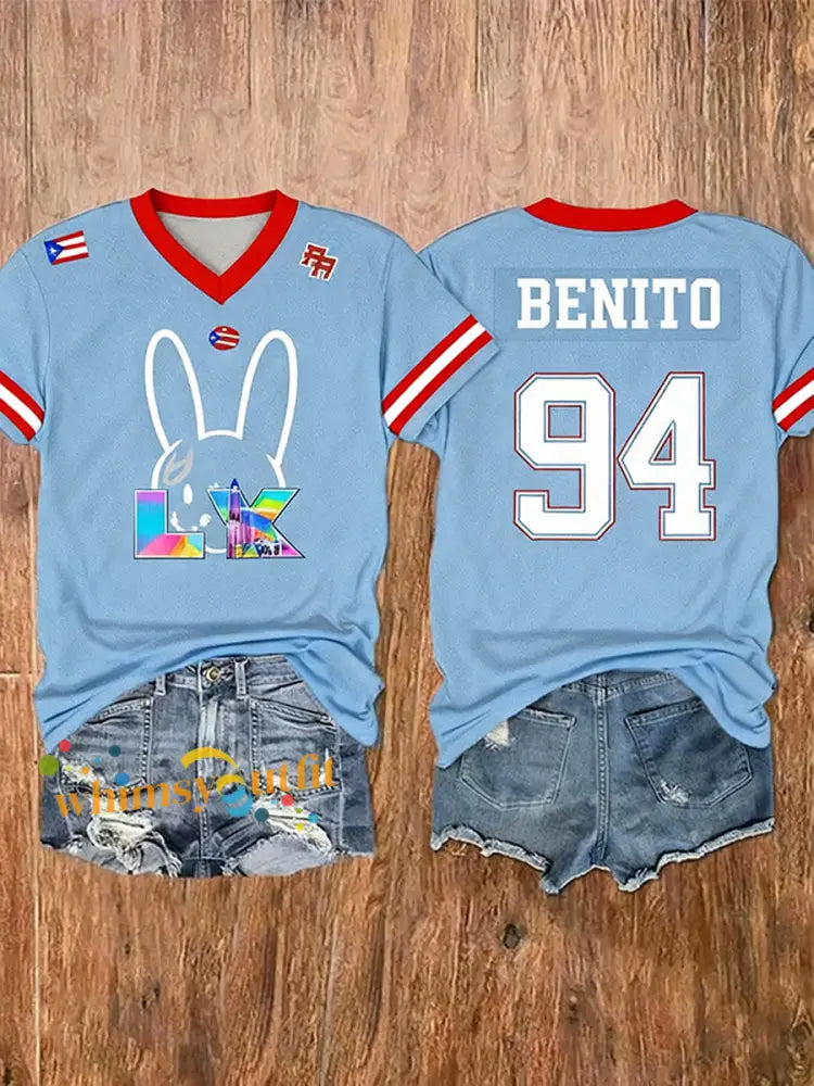 Women’s Bunny Football Music Lover Printed short-sleeved T-shirt Sky Blue / S