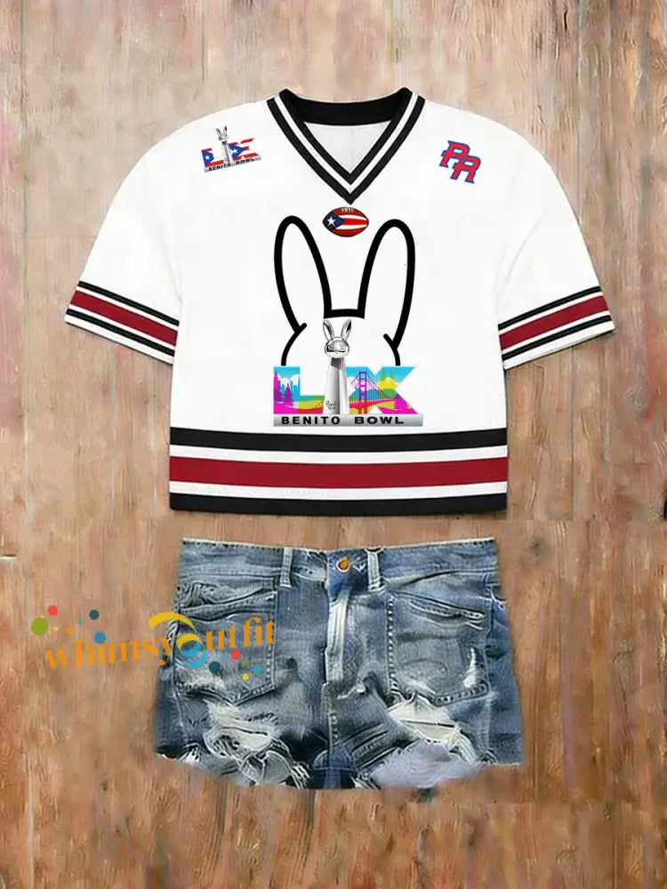 Women’s Bunny Football Music Lover Printed short-sleeved T-shirt White / S