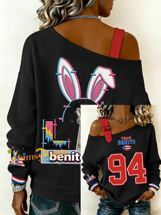 Women’s Bunny Football Music Lover Printed Sweatshirt Black / S