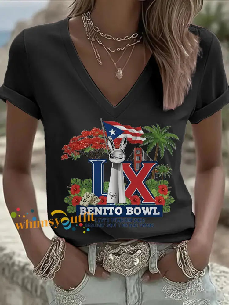 Women’s Bunny Football Music Lover Printed T-shirt Black / S