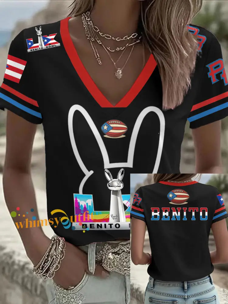 Women’s Bunny Football Music Lover Printed T-shirt Black / S