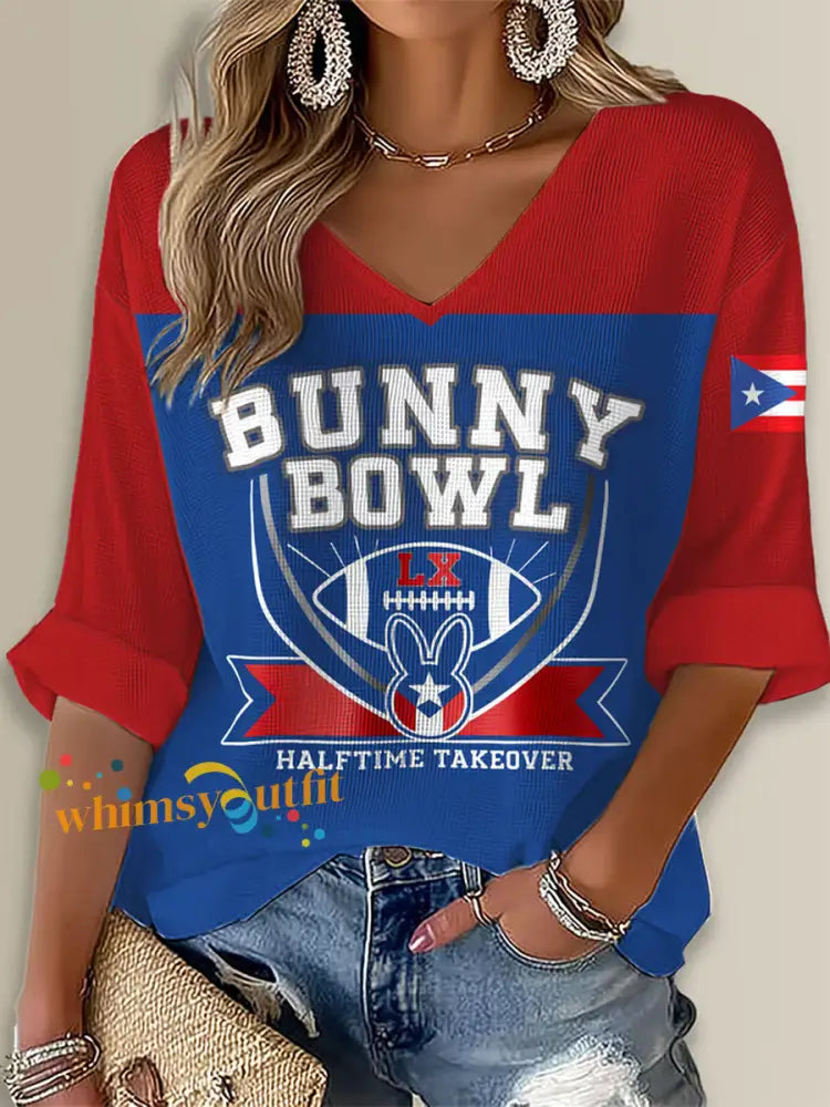 Women’s Bunny Football Music Lover Printed Waffle T-shirt As picture / S