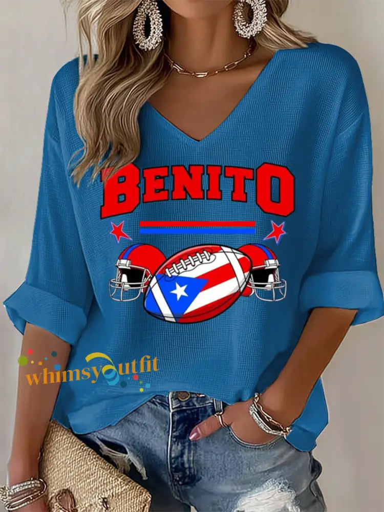 Women’s Bunny Football Music Lover Printed Waffle T-shirt Blue / S