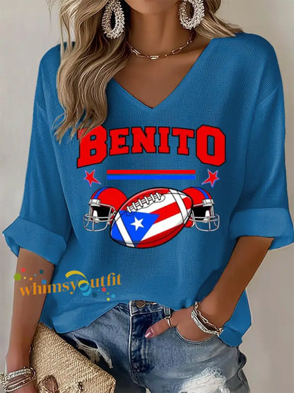 Women’s Bunny Football Music Lover Printed Waffle T-shirt Blue / S