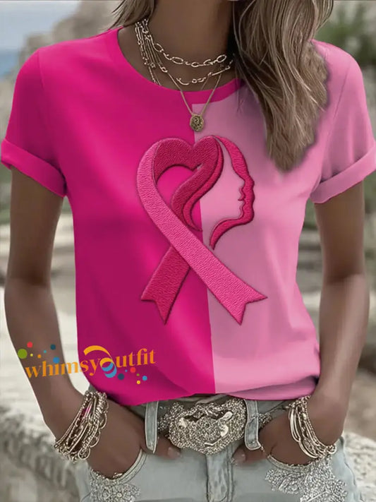 Women’s Casual Breast Cancer Love Ribbon Contrast Color Short sleeved T shirt As picture / S