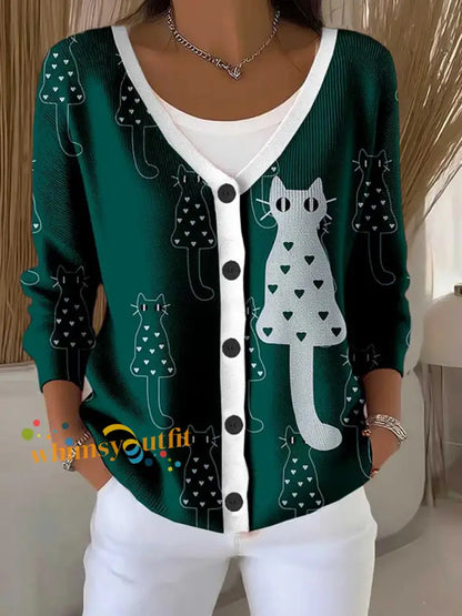 Women’s CAT Breast Cancer Awareness Print Buttoned V neck Cardigan Sweater Green / S