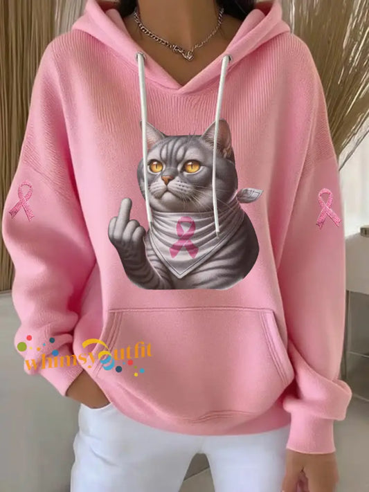 Women’s Cat Pink Ribbon Print Casual Hoodie Pink / S
