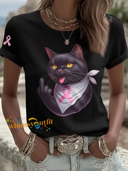 Women’s Cat Pink Ribbon Print Casual T shirt Black / S