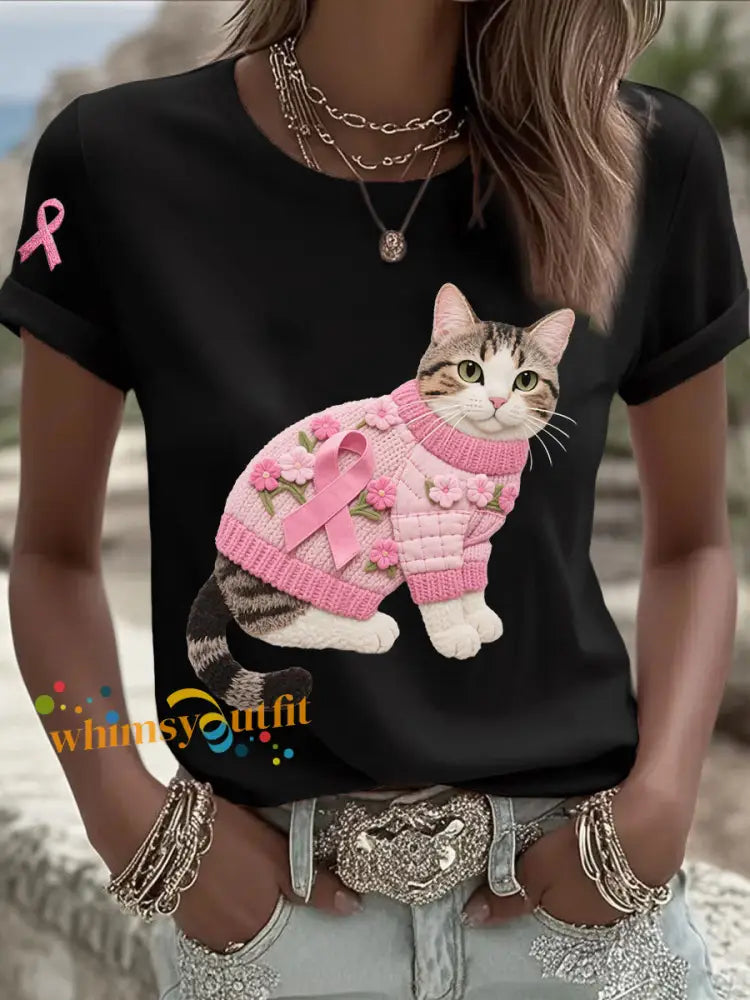 Women’s Cat Pink Ribbon Print Casual T shirt Black / S