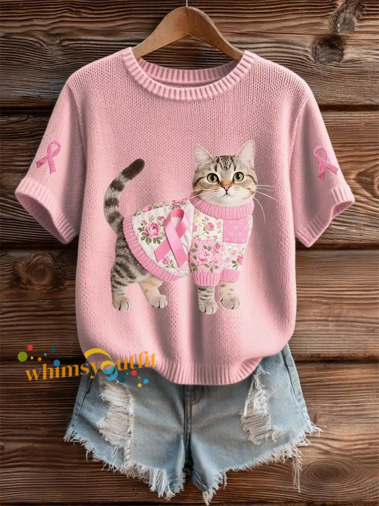 Women’s Cat Pink Ribbon Print Casual T shirt Light Pink / S