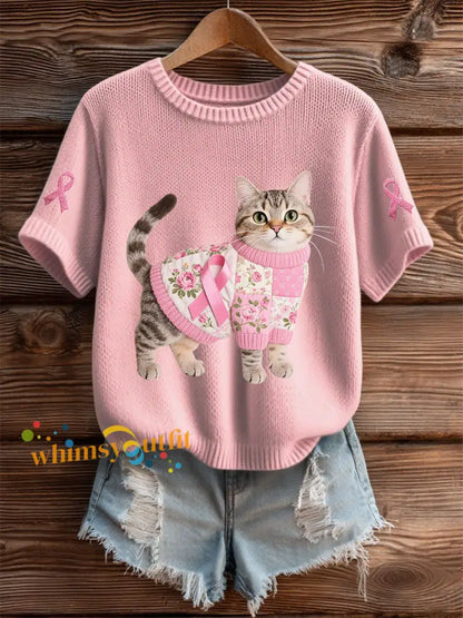 Women’s Cat Pink Ribbon Print Casual T shirt Light Pink / S