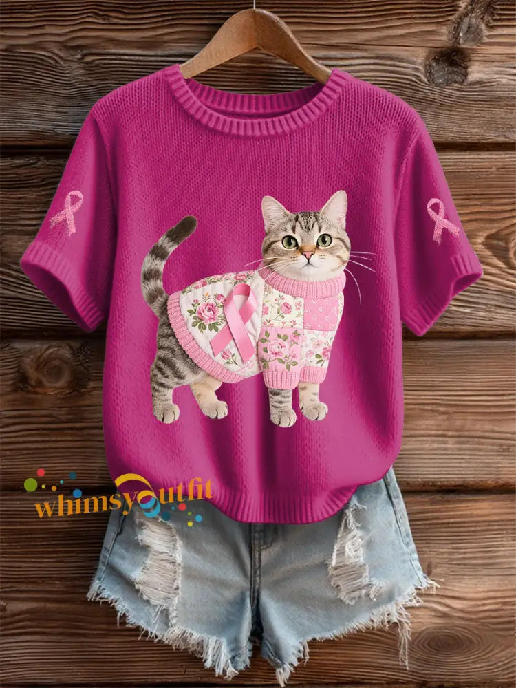 Women’s Cat Pink Ribbon Print Casual T shirt Rose Red / S