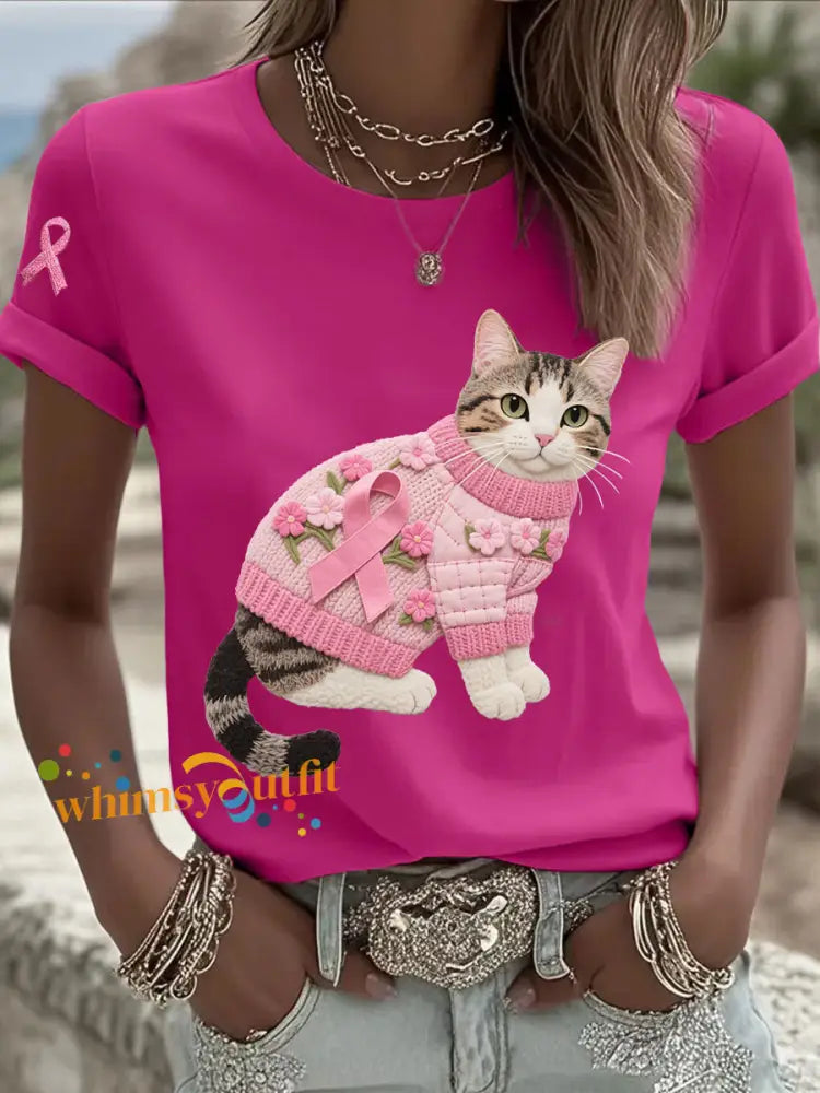 Women’s Cat Pink Ribbon Print Casual T shirt Rose Red / S