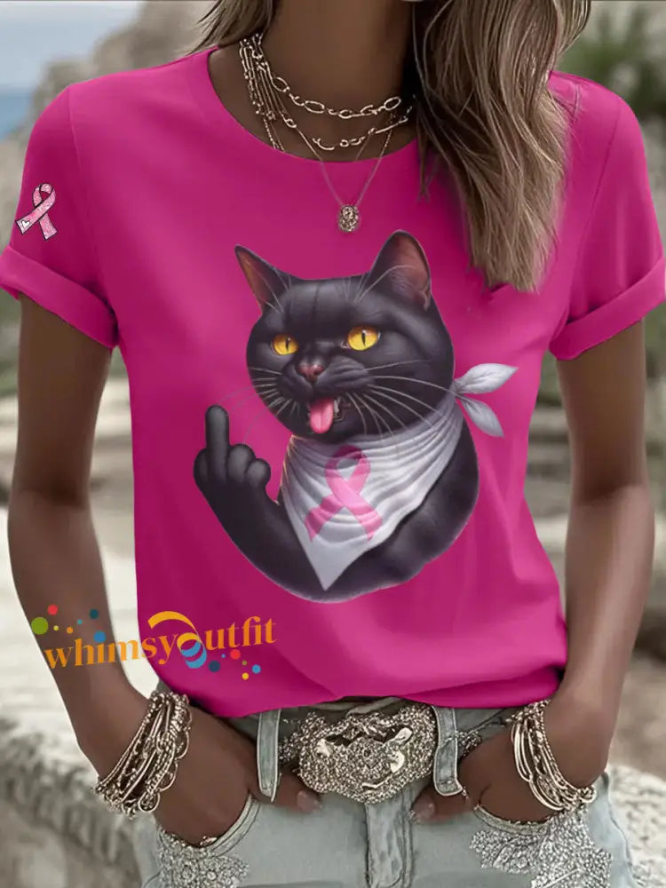 Women’s Cat Pink Ribbon Print Casual T shirt Rose Red / S