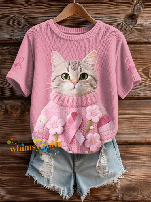 Women’s Cat Pink Ribbon Print Casual T shirt Pink / S