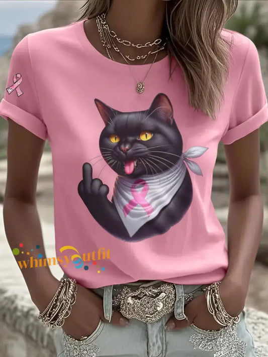 Women’s Cat Pink Ribbon Print Casual T shirt Pink / S