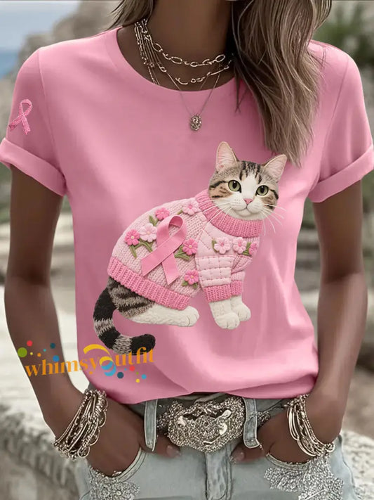 Women’s Cat Pink Ribbon Print Casual T shirt Pink / S