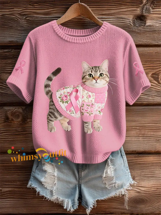 Women’s Cat Pink Ribbon Print Casual T shirt Pink / S