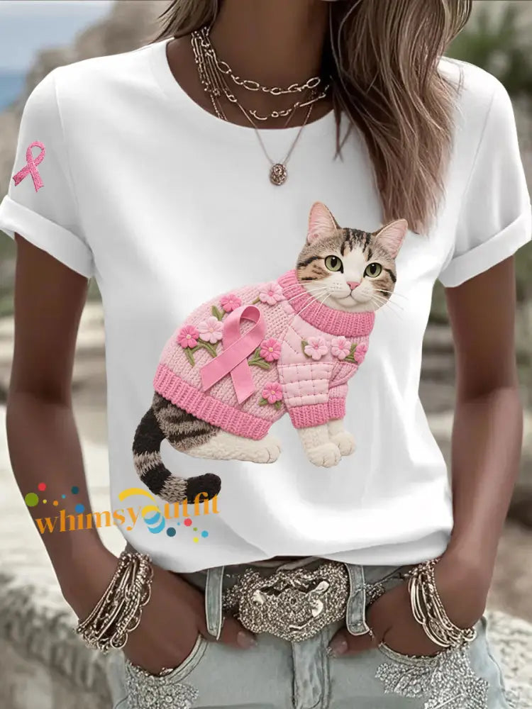 Women’s Cat Pink Ribbon Print Casual T shirt White / S