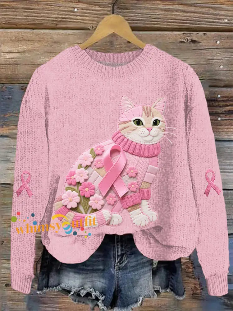 Women’s Cat Pink Ribbon Print Casual Top Light Pink / S