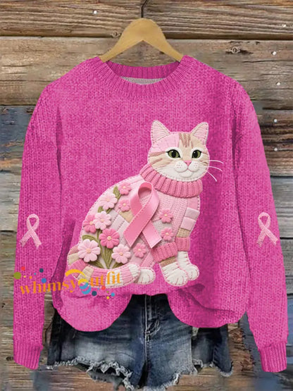 Women’s Cat Pink Ribbon Print Casual Top Rose Red / S