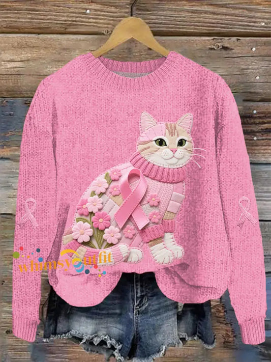 Women’s Cat Pink Ribbon Print Casual Top Pink / S