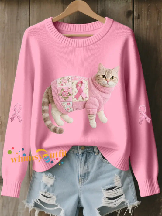 Women’s Cat Pink Ribbon Print Casual Top Pink / S