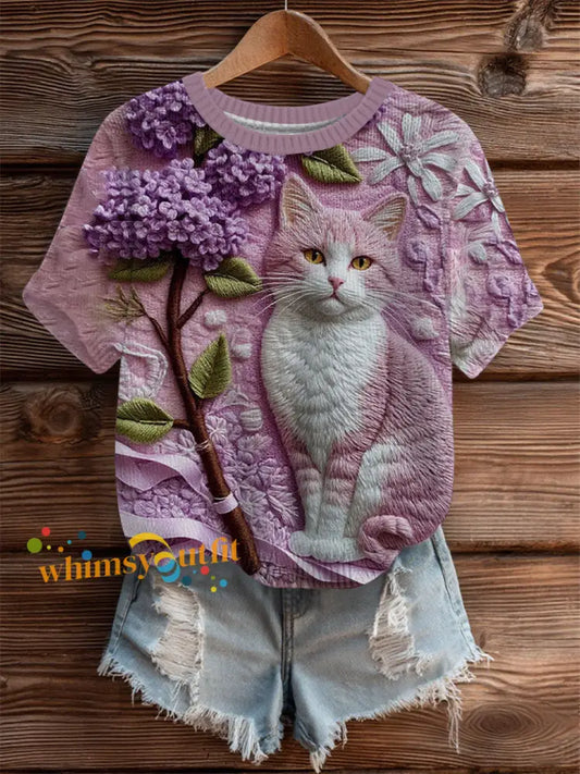 Women’s Cat Print Art Cozy Knit Top As picture / S