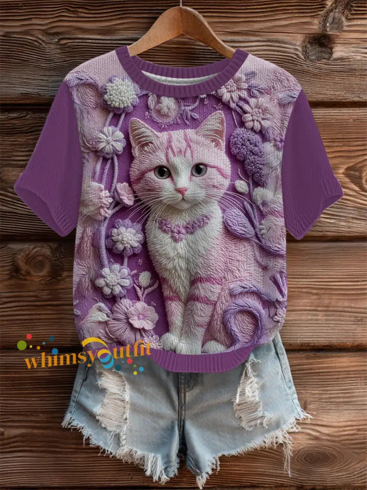 Women’s Cat Print Art Cozy Knit Top As picture / S